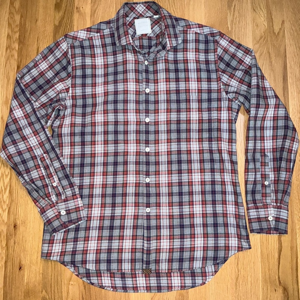 Billy Reid Plaid Shirt Medium Standard Fit Red Blue Cotton Button Up Long Sleeve